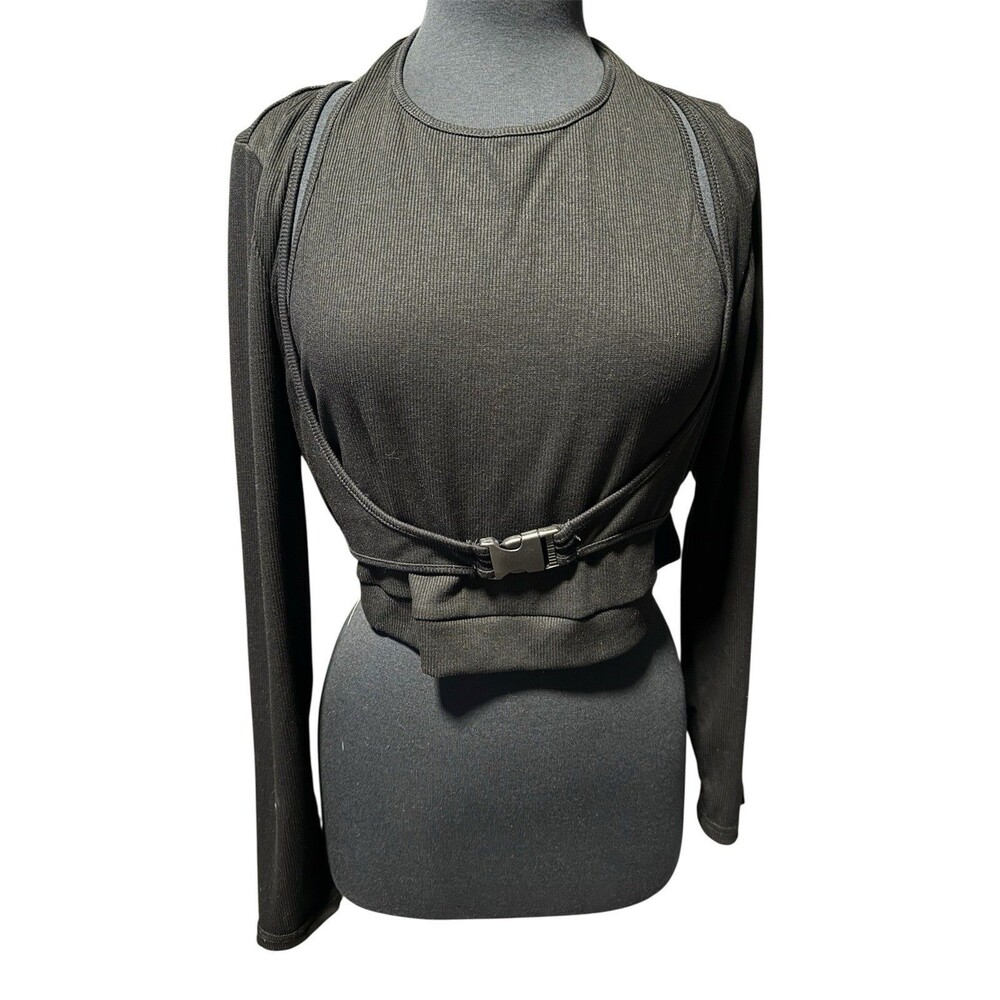SHEIN Curve Black Ribbed Long Sleeve Belted Crop Top – Size 1XL